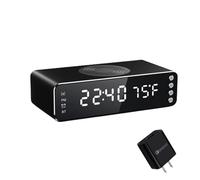 PBENO Réveil Horloge électronique créative, Charge Rapide, Charge sans Fil, Haut-Parleur Bluetooth, réveil(Schwarz,with Charger)