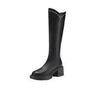 PBHGMGEBLV Bottes à talons épais de couleur unie for femmes, mode rivet décor plateforme genou haute femme PU cuir longues Botas(Black,40EU)