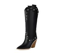 PBHGMGEBLV Bottes hautes for femmes en cuir synthétique, compensées, style cowboy occidental, bout pointu, rivets, bottes longues(Black,39EU)