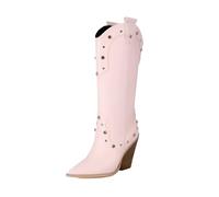PBHGMGEBLV Bottes hautes for femmes en cuir synthétique, compensées, style cowboy occidental, bout pointu, rivets, bottes longues(Pink,40EU)