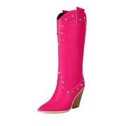 PBHGMGEBLV Bottes hautes for femmes en cuir synthétique, compensées, style cowboy occidental, bout pointu, rivets, bottes longues(Red,39EU)