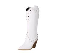 PBHGMGEBLV Bottes hautes for femmes en cuir synthétique, compensées, style cowboy occidental, bout pointu, rivets, bottes longues(White,43EU)