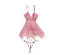 PBHGMGEBLV Ensembles de Lingerie Sexy en Dentelle Vêtements de Nuit Robe de Salon Babydoll à col en V et fluoroscopie en Dentelle(Pink)