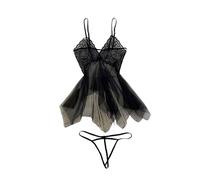 PBHGMGEBLV Ensembles de Lingerie Sexy en Dentelle Vêtements de Nuit Robe de Salon Babydoll à col en V et fluoroscopie en Dentelle(Black)