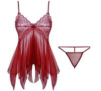PBHGMGEBLV Ensembles de Lingerie Sexy en Dentelle Vêtements de Nuit Robe de Salon Babydoll à col en V et fluoroscopie en Dentelle(Wine Red)