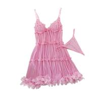PBHGMGEBLV Robe de Pyjama Rose à col en V, Tenue de Nuit Sexy, Dos Nu, Volants, Fronces, Courte, Tenue d'été for Femme(M)