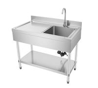 PBTERDTF Évier de cuisine commercial sur pied en acier inoxydable avec robinet et étagères - Pour extérieur, intérieur, cuisine, restaurant - 100 x 60 x 80 cm