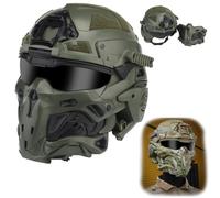 PBTMCD Casque d'assaut Tactique avec Oreillette Intégrée, Système Antibuée, Ventilateur, Visière Rabattable À Double Lentille Et Fixations sur Rails(OD)