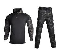 PBTMCD Ensemble De Combinaison Tactique for Hommes avec Coudières Et Genouillères, Chemise Pantalon Combat À Manches Longues for L'entraînement La Chasse(CP-Black,S)