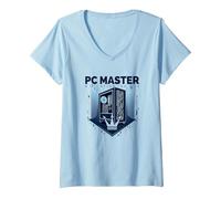 PC Master : Couronne de Plate-Forme de Jeu personnalisée T-Shirt avec Col en V, Femme, Bleu Céleste, L