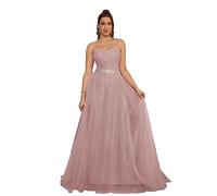 PCBROS Robe Femme Longue Chic Soirée avec Ruches Epaule Nu Robe de Cérémonie Longue Mariage en Tulle Rose 40