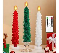 PChero bougies de sapin de Noël avec télécommande, Lot de 3 LED Fonctionnement à piles Sans flamme Fausses bougies coniques vacillantes En cire véritable pour fête de Noël cheminée maison décoration