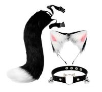 PciDinFo Serre-tête Oreilles de Chat en Peluche avec Queue et Clochette, Accessoire de Déguisement pour Carnaval, Fêtes Costumées et Jeux de Rôle, Noir Blanc