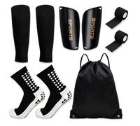 PciDinFo Soccer Player Gear Protège-Tibia Manchon de Compression Chaussettes à Grip Bandeau Auto-adhésif Sac à Ficelle en Plastique Pet pour Tournoi de Foot Séances Loisirs, Noir