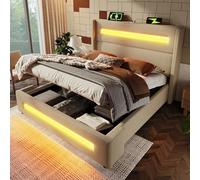 PCXWTLN Lit double capitonné, 160 x 200 cm, hydraulique, espace de rangement LED, avec espace de rangement hydraulique et recharge USB de type C, en lin, sans matelas (beige)