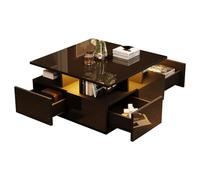 PCXWTLN Table à thé de salon brillante avec lumière LED - Table basse brillante avec 4 tiroirs - Table à thé pour bureau - Charge totale : 30 kg - Blanc - 70 x 70 x 40 cm