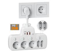 PD20W Multiprise avec USB, Prise Multiple avec Interrupteur Individuel, Multiprise Electrique Murale 5 Prises PD20W et QC18W Charge Rapide Prise USB Secteur Multiple Parafoudre Bureau Cuisine, Blanc