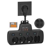 PD20W Prise Multiple 5 Prises,Multiprise avec Interrupteur Individuel, Charge Rapide PD20W et QC18W,Murale Multiprise Electrique Parafoudre et Surtension,Câble Court 10CM pour Bureau de Cuisine,Noir