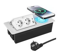 PD20W USB C USB A - Prise encastrable à 2 prises - Avec charge sans fil de 15 W - Pour plan de travail, table de canapé, maison, bureau - Câble de 1,8 m - Blanc