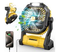 PDBEST Ventilateur à batterie sans fil, ventilateur de voiture portable rechargeable avec lanterne LED, ventilateur de table à batterie avec port Type-C jaune