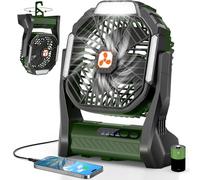 PDBEST Ventilateur sur batterie 20000mAh sans fil, rechargeable portable avec lampe LED, ventilateur de table, batterie USB-C, ventilateur de camping pour voyages et plage (vert)