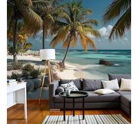 pdghsdkgjh à motifs de vagues et d'îles, papier peint photo représentant une plage estivale et des cocotiers, papier peint intissé XL pour chambre et salon, papier peint décoratif mural vert, revête