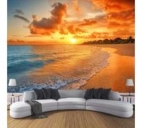 pdghsdkgjh Papier peint photo 3D luxueux - Motif eau de mer bleue, fresque murale pour chambre et salon, décoration murale paysage de plage au coucher du soleil, orange, 300 cm x 210 cm