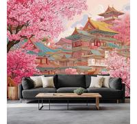 pdghsdkgjh Papier peint photo 3D représentant un immeuble avec des fleurs de cerisier roses, intissé, pour chambre, salon ou chambre d'enfant, 300 cm x 210 cm.