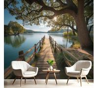 pdghsdkgjh Papier peint photo 3D représentant un paysage de pont en bois au bord du lac ensoleillé, en soie, idéal pour la décoration murale d'une chambre, d'un salon ou d'un mur TV, 350 cm x 256 cm.