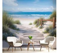 pdghsdkgjh Papier peint photo 3D représentant une promenade sur les dunes avec vue sur la mer en été, en soie, idéal pour décorer un mur avec fond TV dans une chambre ou un salon, 300 cm x 210 cm.