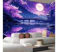 pdghsdkgjh Papier peint photo à motifs de fleurs de cerisier, pont antique, ambiance nocturne, intissé, violet, XXL, 400 cm x 280 cm, pour salon et chambre.