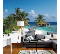 pdghsdkgjh Papier peint photo effet 3D Îles tropicales, intissé, motif Maldives, format XXL, bleu, pour salon ou chambre, 300 cm x 210 cm