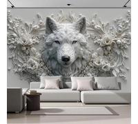 pdghsdkgjh Papier peint photo en relief avec motif animal et floral - tête de loup blanc - fresque murale - panorama - décoration murale pour salon - beige, 400 cm x 280 cm