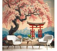 pdghsdkgjh Papier peint photo illustrant un cerisier en fleurs, effet 3D, scène de porte japonaise, décoration murale, fresque murale rose pour salon, chambre, bureau, 350 cm x 256 cm