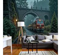 pdghsdkgjh Papier peint photo intissé, motif train, pont en arc de pierre, effet 3D, style forêt rétro pour salon/chambre, vert foncé, revêtement mural, 300 cm x 210 cm
