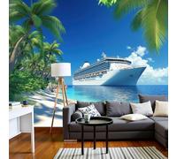 pdghsdkgjh Papier peint photo Palmiers Bateaux de croisière Îles tropicales Papier peint intissé Fresque murale Salon Chambre Bleu XXL Décoration murale Motif Papier peint, 430 cm x 300 cm