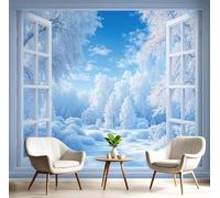 pdghsdkgjh Papier peint photo Paysage de forêt hivernale - Pour salon et chambre - Papier peint mural effet 3D - Bleu - Vue réaliste par une fenêtre blanche, 300 cm x 210 cm