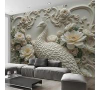 pdghsdkgjh Papier peint photo style relief européen - Fleurs de paon blanches - Panorama - Fresque murale pour salon - Blanc ivoire, 150 cm x 105 cm