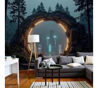 pdghsdkgjh photo effet 3D, motif gratte-ciel de science-fiction, intissé, arche de pierre géante, bleu, pour salon ou chambre, 350 cm x 256 cm