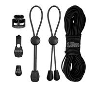 PDKKFF 15M Cordon Elastique 3mm, Corde élastique Rond Solide avec Bloqueur | Corde en Caoutchouc Noir avec 40 Bouchon de Cordon 20 Clips de Cordon 40 Bouchons de Cloche, pour Sac à Dos, Vêtements, Tente
