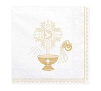 PDL Lot de 20 serviettes de table pour première communion, confirmation, baptême, confirmation, blanc/doré, motif calice colombe