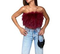 PDYLZWZY Femme Sexy fausse fourrure Trim Crop Camisole Hairy Bustier Bralette sans manches Cami Gilet Fourrure Plume Cropped Débardeur Top, Bordeaux, M