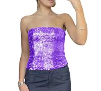 PDYLZWZY Femmes brillantes paillettes Party coupe bustier bandeau stretch tube haut sans bretelles sirène métallique crop Tops pour club, lilas, XL