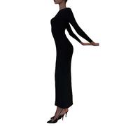 PDYLZWZY Y2K Clubwear Robe longue en maille côtelée à manches longues et col rond Coupe ajustée Bodycon Pencil Robe longue sexy Hollow Out Pull Robe, Noir , M