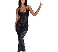 PDYLZWZY Y2k Robe longue moulante transparente en dentelle avec bretelles spaghetti et coupe basse, Noir , S
