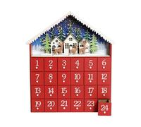 PE Calendrier de l'Avent en Bois avec 24 Tiroirs à Remplir avec LED - Maison avec Scène de Village de Rennes et Maisons - Décoration Cadeau de Noël pour Enfants et Adultes - Rouge 35x29x6.3cm