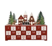 PE Calendrier de l'Avent en bois avec lumières LED, 24 tiroirs Compte à rebours jusqu'à Noël Scène festive d'église avec rennes et sapins, idéal pour décorer votre maison pendant les fêtes 38×8×27cm