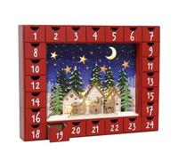 PE Calendrier de l'Avent en Bois Fait Main avec 24 Tiroirs - Calendrier de Noël Illuminé avec Scène de Village et Renne - 35,5 x 5 x 27,2 cm