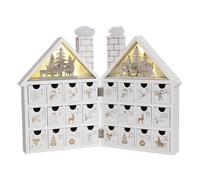 PE Noël Calendrier de l'Avent en Bois - Maison Blanche avec Scène de Noël et Éclairage LED - 24 Tiroirs à Remplir - Fait à la main Décorations saisonnières pour Enfants et Adultes (Blanc)