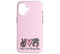 Peace Love Teaching with Messy Bun Funny Teacher Quote Coque pour iPhone 16